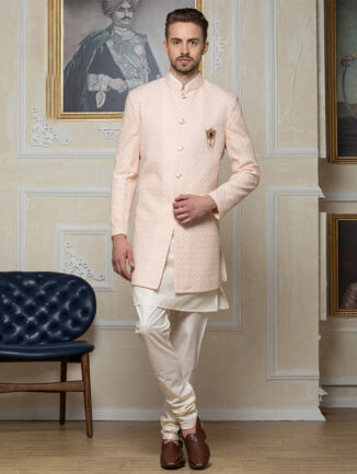 Pink Hand Embroidered Silk Sherwani Set For Men