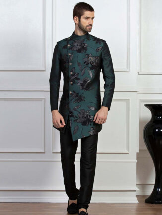 Black Kurta Pajama & Embroidered Jacket For Men