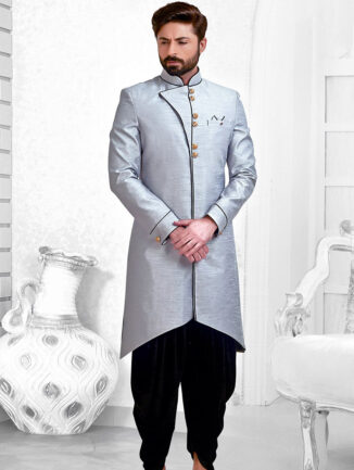 Embroidered Collar Art Silk Asymmetric Sherwani In Grey