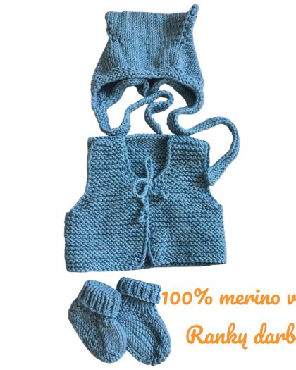 Kūdikio merino vilnos komplektukas (kepurytė, liemenė, tapukai)