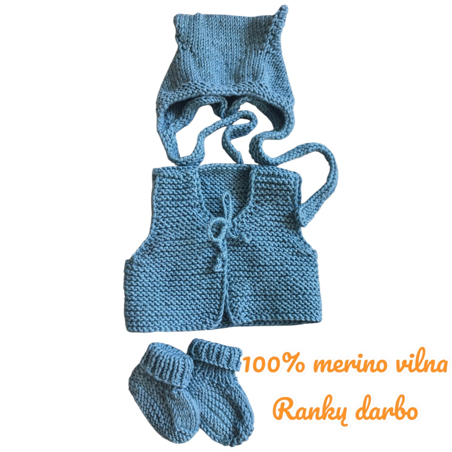 Kūdikio merino vilnos komplektukas (kepurytė, liemenė, tapukai)
